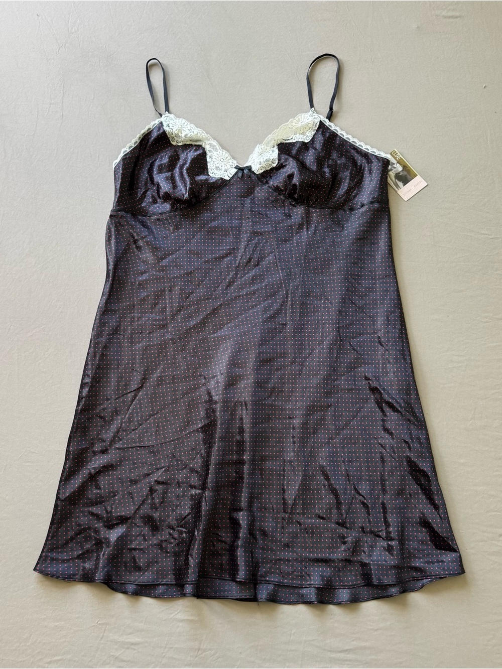 Vintage Gillian & O'Malley Polka Dot Lace Trim slip dress